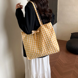 Yellow plaid canvas tote bag with bow detail, large shoulder bag for daily commuting