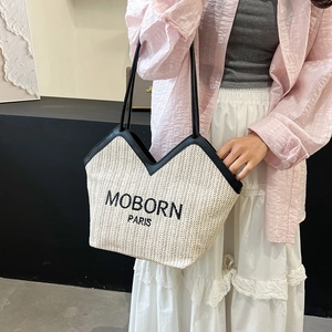 Sac fourre-tout en paille de style français avec lanières en cuir noir et broderie