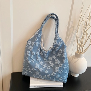 Borsa Tote da Donna in Tela con Ricamo Floreale 3D Grande Capacità Borsa a Tracolla Artistica Casual per lo Shopping Quotidiano