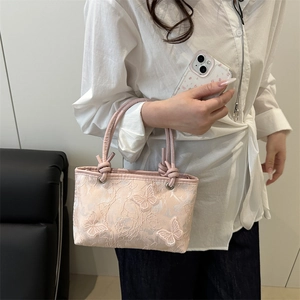 Pink lace embroidery butterfly handbag with twisted knot leather handle for women