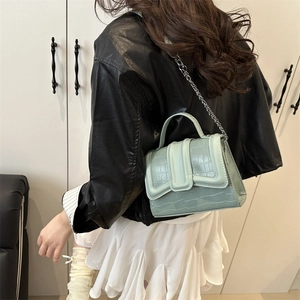 Chic mint green crocodile pattern chain handbag worn by a model in a modern interior