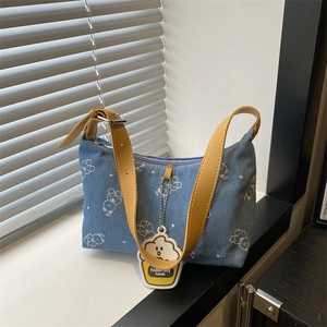 Korean Style Women Denim Crossbody Bag Cute Cartoon Bear Print Small Square Shoulder Bag With Adjustable PU Leather Strap