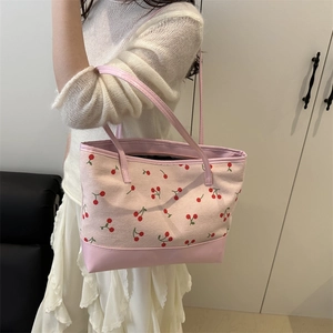 Stylish pink cherry print tote bag for women with large capacity and shoulder straps