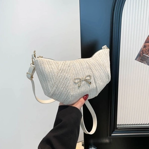 Summer Fashion Straw Woven Half Moon Crossbody Bag For Women Simple Solid Color PU Leather Shoulder Bag With Metal Bowknot