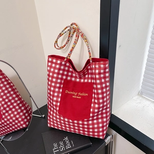 Fashion Women Canvas Grid Tote Bag Embroidered Letter Large Capacity Shoulder Bag With Multi Color Beaded Handle Plaid