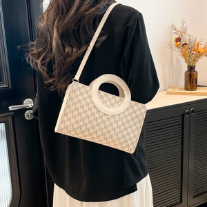 Vintage retro white crossbody bag with grey letter prints and circular cutout handle