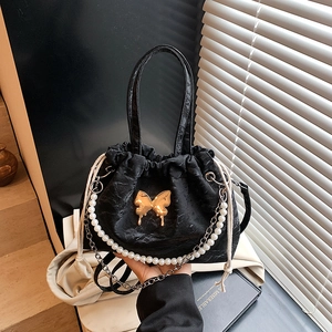 Women Fashion Butterfly Pleated Drawstring Backpack With Artificial Pearl Chain Niche Design Handbag Shoulder Bag Daily Travel Bag