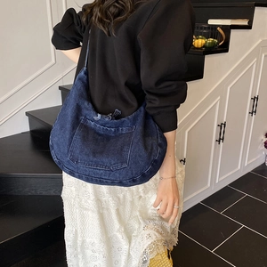 Sac bandoulière rétro en denim pour homme et femme avec poche frontale et sangle nouée