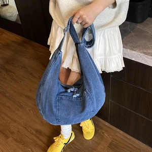Grand sac besace en jean bleu de style hobo vintage décontracté pour hommes et femmes
