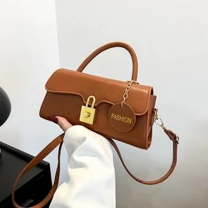 Vintage Women PU Leather Crossbody Bag Fashion Small Square Shoulder Bag With Gold Lock And Circular Tag Daily Commute Bag