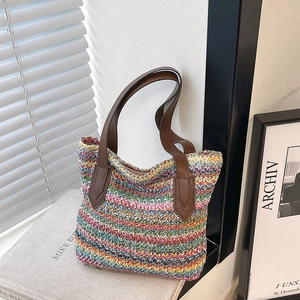 Large Capacity Straw Handbag For Women Summer Casual Woven Beach Vacation Shoulder Bag Striped Design PU Leather Handle
