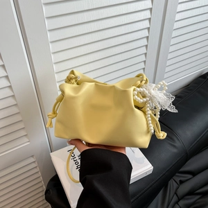 Bolso de Hombro de Cuero PU Plisado para Mujer Con Decoración de Lazo de Encaje y Perlas Artificiales Bolso de Cubo Estilo Coreano