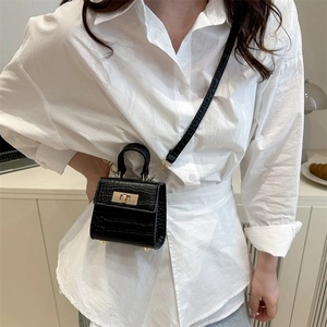 Minimalist black crocodile pattern small square crossbody bag with gold hardware and top handle