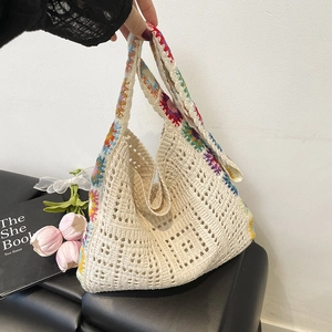Bohemian Crochet Woven Shoulder Bag For Women Floral Patchwork Hollow Out Handmade Knit Tote Bag Summer Beach Travel Bag