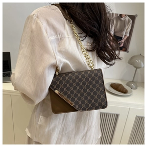 Classic crossbody bag with retro monogram print and gold chain strap on shoulder