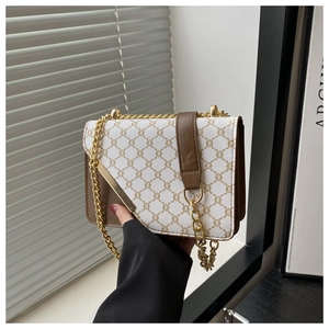 Close-up of vintage shoulder bag with classic monogram print and gold chain strap detail