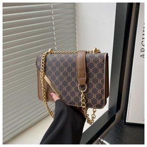 Close-up of vintage brown patterned crossbody bag with gold chain strap and leather trim
