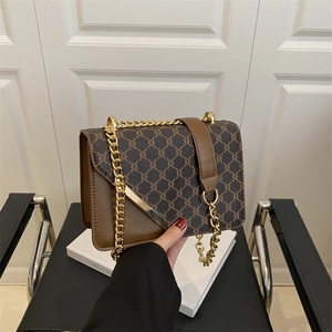 Vintage Monogram Crossbody Bag For Women Retro Coated Canvas Leather Trim Small Square Shoulder Bag Metal Chain Flap Bag