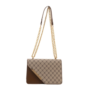 Brown leather and beige canvas monogram crossbody bag with golden chain and metal bar