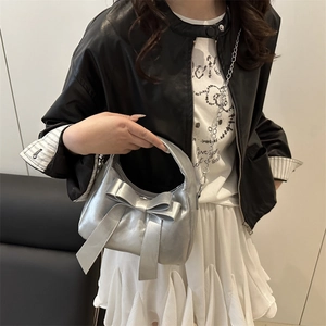 Borsa a mano argento con fiocco e tracolla a catena, elegante borsa a tracolla da donna