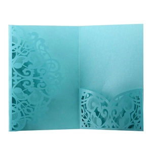 Pochette d'invitation de mariage découpée au laser en papier bleu sarcelle nacré