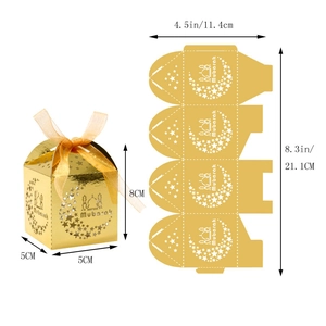Detail view of gold Mubarak candy box with mosque cutout and dimension diagram