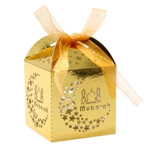 Hollow Laser Cut Eid Mubarak Candy Gift Box With Ribbon Moon Star Mosque Pattern For Ramadan Celebration Party Favors