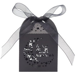 Detailed laser-cut black gift box featuring crescent moon and mosque silhouettes