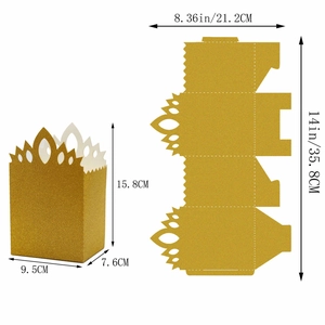 Detail view of golden glitter crown candy box structure with dimensions for wedding parties