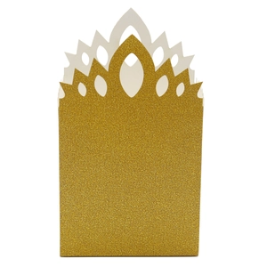 Detailed view of the gold glitter crown gift box with hollow pattern for weddings