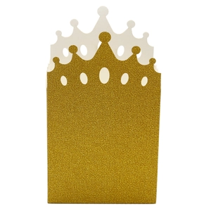 Detailed view of the gold glitter crown candy box with hollowed design and shiny finish