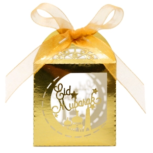 Detailed laser cut Eid Mubarak gold gift box with moon stars and elegant silk ribbon