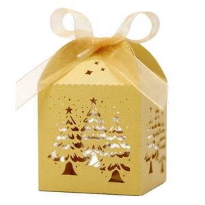 Laser Cut Christmas Tree Candy Box Pearlescent Paper Hollow Gift Boxes With Ribbon For Holiday Party Wedding Favor Supplies