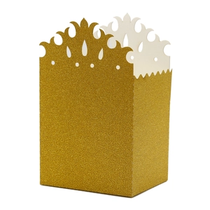 Golden glitter crown candy boxes with intricate laser cut castle design for weddings
