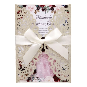 Invitation de mariage découpée au laser champagne doré avec paillettes et nœud ruban