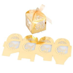Golden Eid Mubarak candy box with hollow mosque pattern and satin ribbon decor