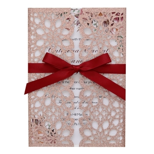Laser Cut Wedding Invitations Glitter Paper Floral Envelopes Satin Ribbon Bows For Marriage Engagement Ceremony Party
