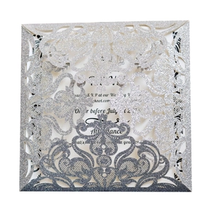 European style laser cut glitter wedding invitation with silver and grey lace design