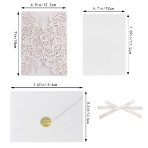 Composants détaillés du kit d'invitation découpé au laser avec dimensions et tailles
