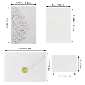 Detailed dimensions of laser-cut rose wedding invitation set with white envelopes