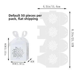 Detail of laser-cut ivory tree candy box with white ribbon and flat layout dimensions