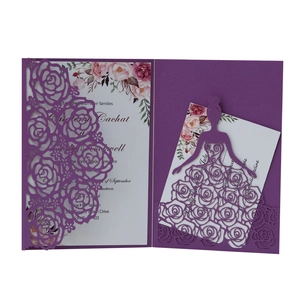 Purple laser cut rose wedding invitation suite with floral inserts and RSVP card