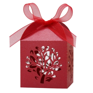 Elegant red laser-cut candy gift box with tree of life design and matching ribbon bow