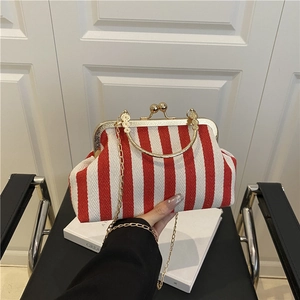 Vintage Stripe Fabric Frame Crossbody Bag With Gold Chain Clasp Handbag For Women Retro Evening Party Shoulder Bag