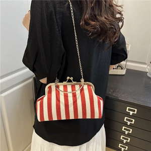 Retro red and white striped shell bag with golden metal handle and chain strap