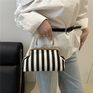 Fashionable woven crossbody bag with black and white stripes and gold metal handles