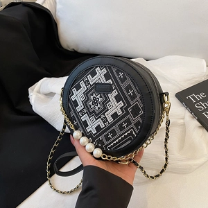 Vintage Ethnic Geometric Embroidery Round Crossbody Bag With Artificial Pearl Chain Strap PU Leather Fashion Shoulder Bag For Women
