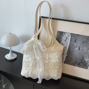Korean Style Cream Lace Tote Bag For Women Gentle Elegant Ruffle Hollow Floral Shoulder Bag With Large Bow Vacation Beach Handbag