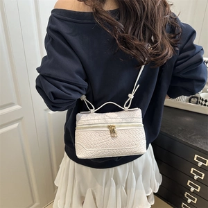 Elegant white woven leather mini vanity box bag with golden zippers for women