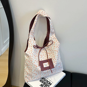 Damen Wendbare Blumen Kariert Tragetasche Große Kapazität Gewebe Schultertasche Japanischer Stil Lässig Täglich Handtasche